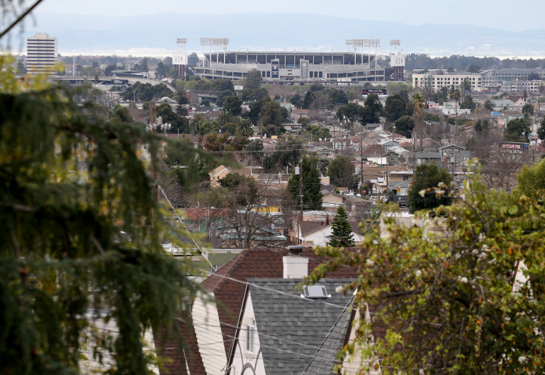 A view of a neighborhood near the Coliseum is seen from the hills in East Oakland, Calif., on Monday, Jan. 14, 2019. The Oakland Athletics have pitched a redevelopment plan for the Coliseum site. (Jane Tyska/Bay Area News Group)